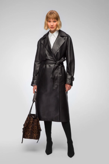 Women's Black Belted Trench Leather Coat