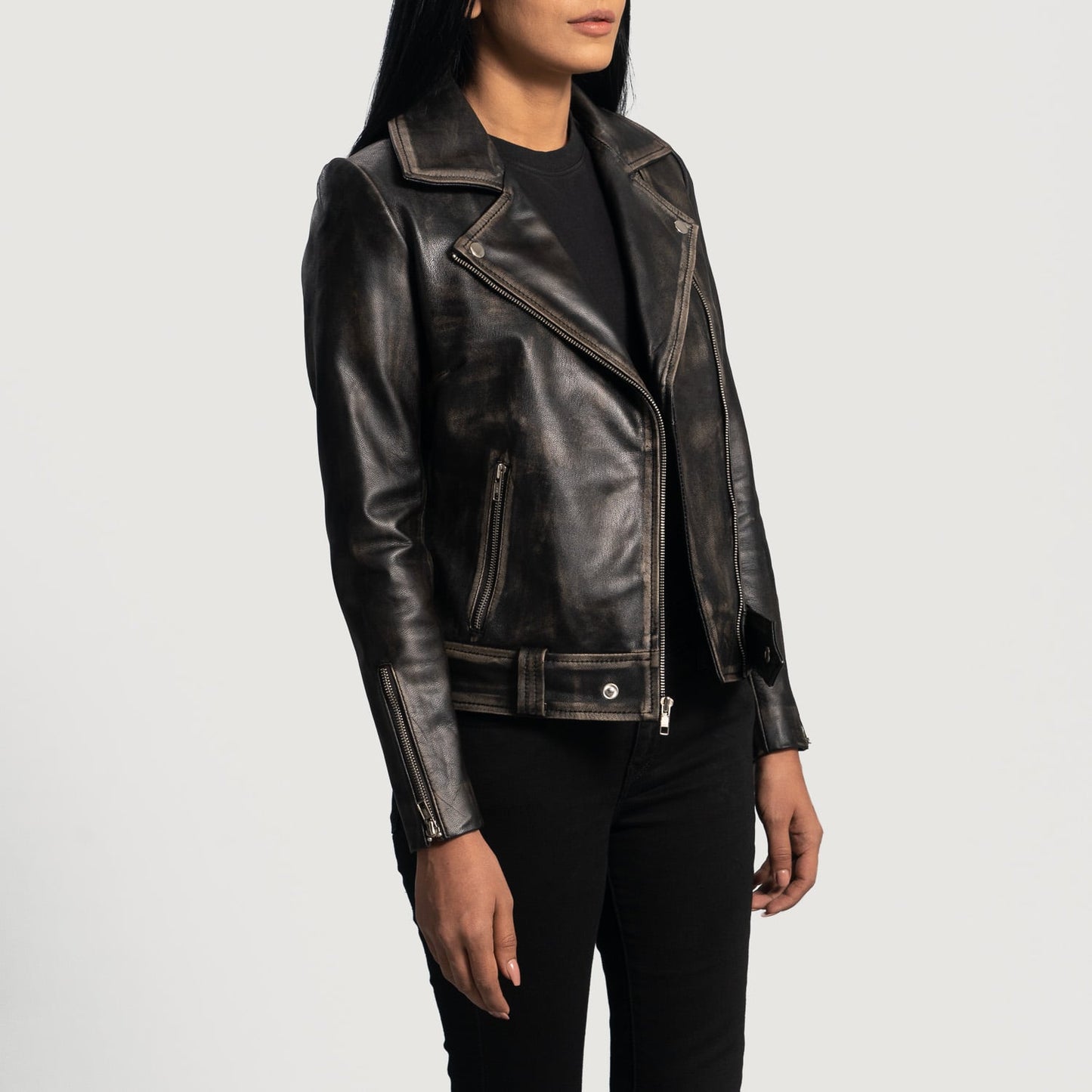 Stylish Women's Biker Distressed Leather Jacket - Classic Black Outerwear