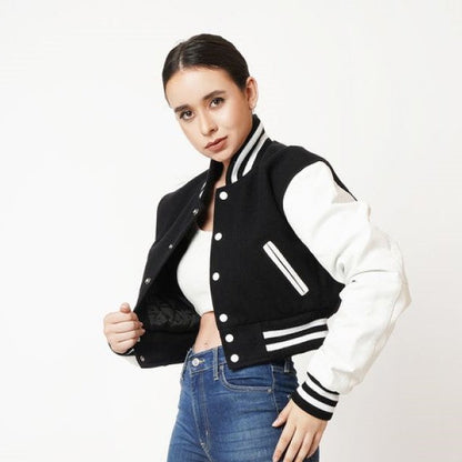 Women's Black & White Sleeves Cropped Varsity Leather Jacket