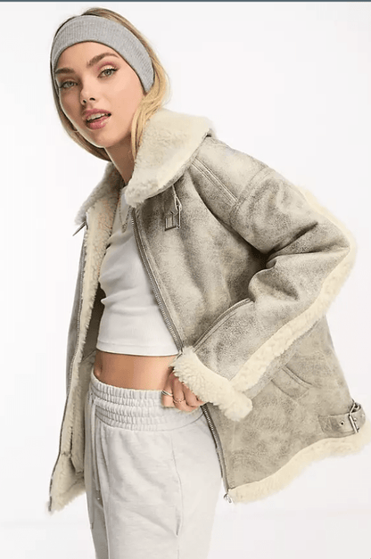 Women's White Distressed Shearling Bomber Leather Jacket