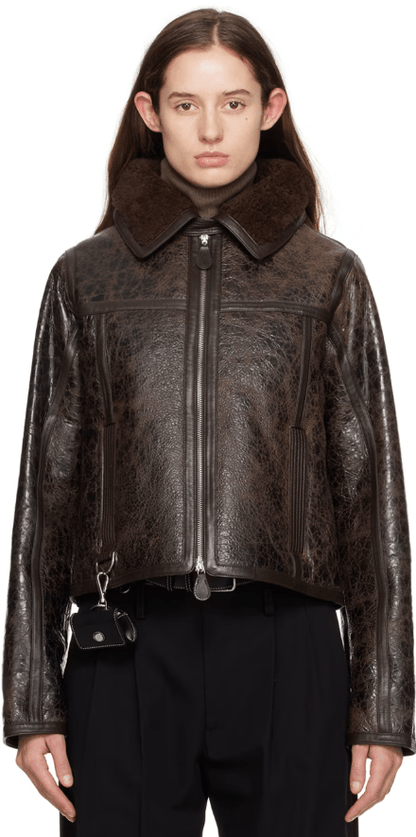 Women's Distressed Shearling Leather Jacket In Dark Brown