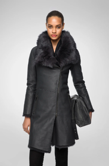 Women's Fur Shearling Leather Coat In Matte Black