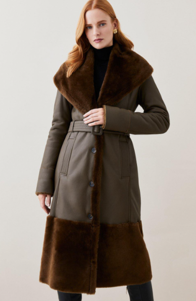 Women's Fur Sheepskin Leather Trench Coat In Dark Brown