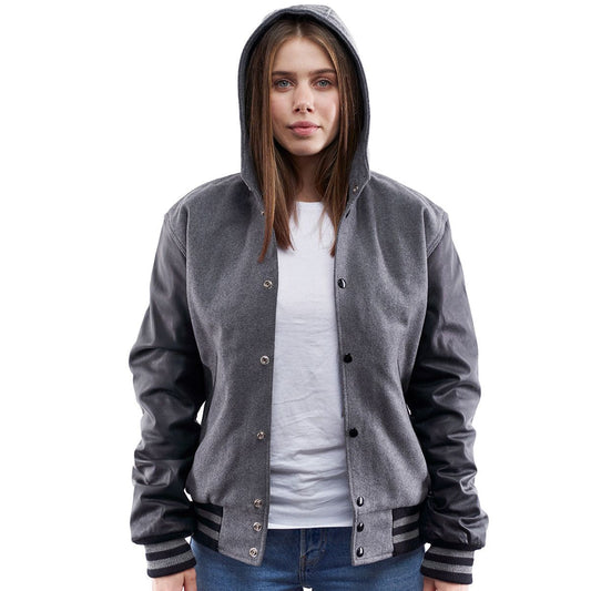 Women's Gray Hooded Letterman Leather Jacket