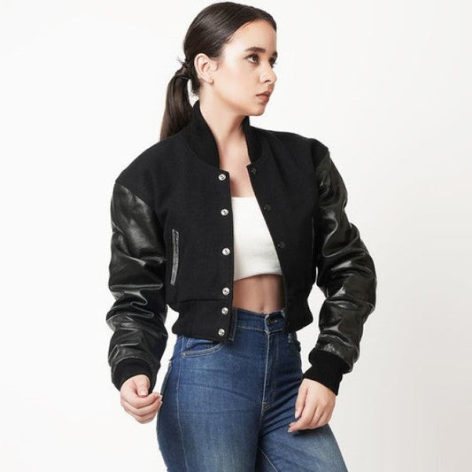 Women's Black Letterman Cropped Leather Jacket