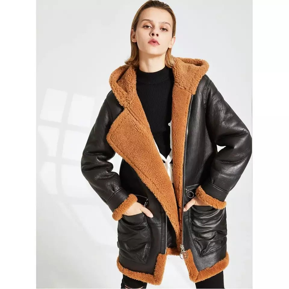 Women's Orange Fur Sheepskin Leather Coat In Black