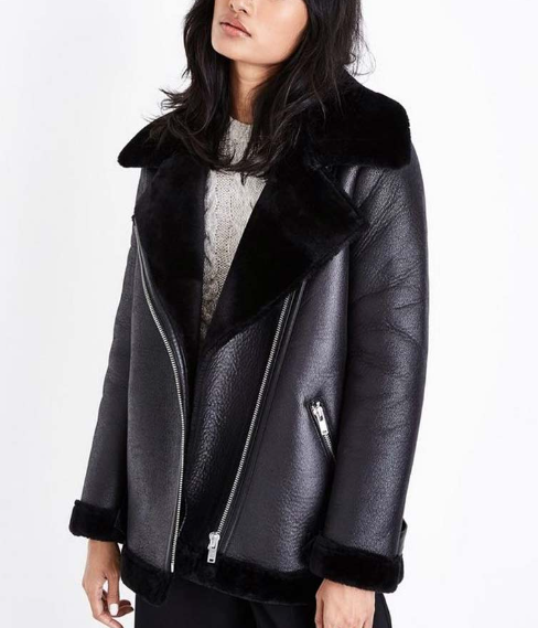 Women's Black Shearling Fur Bomber Leather Jacket