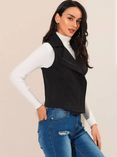 Women's Suede Leather Biker Vest In Black