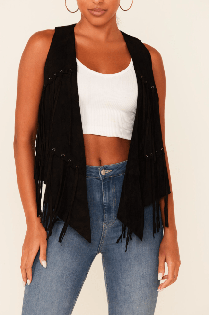 Women's Black Suede Fringe Leather Vest - TopGuruJackets