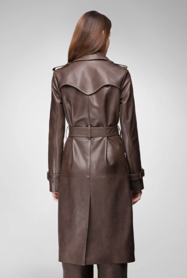 Women's Coffee Brown Trench Leather Coat