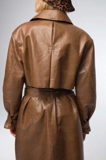 Women's Dark Brown Trench Leather Coat with Belted Waist