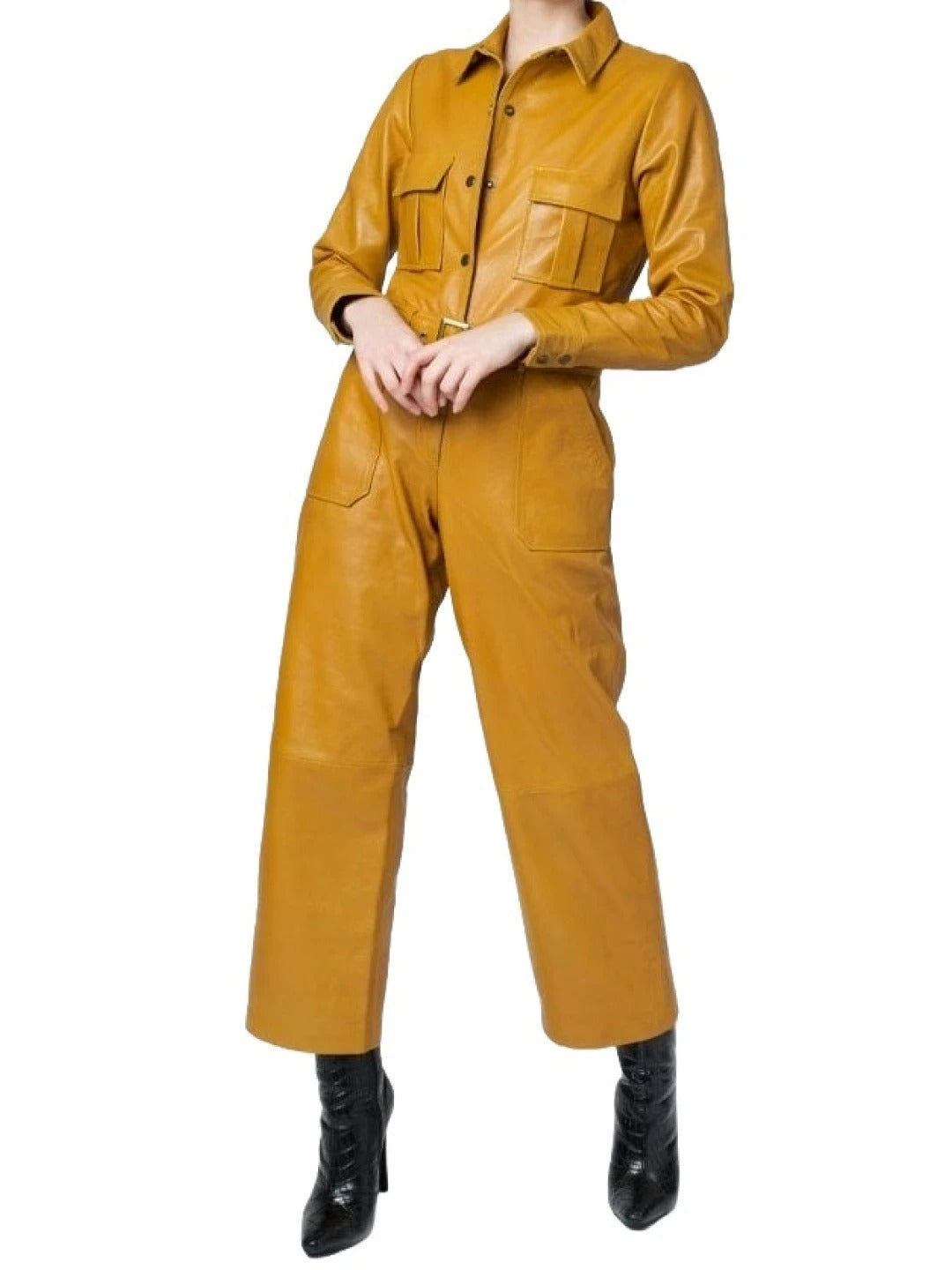 Women's Yellow Leather Jumpsuit