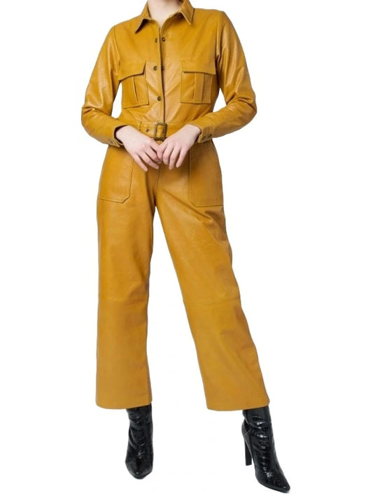 Women's Yellow Leather Jumpsuit