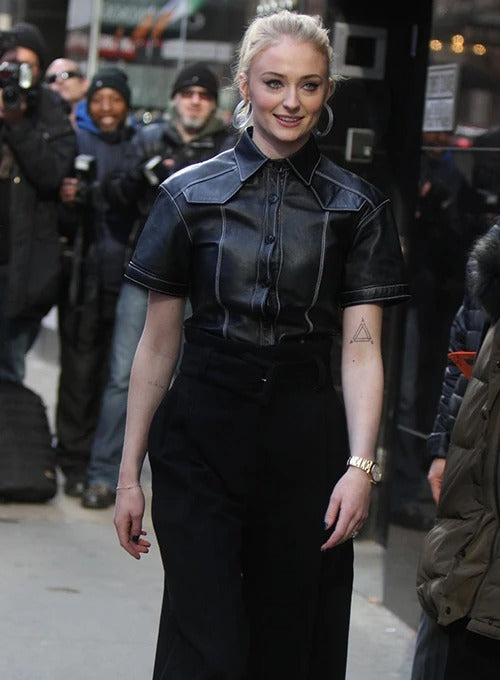 Sophie Turner's Chic Black Leather Shirt