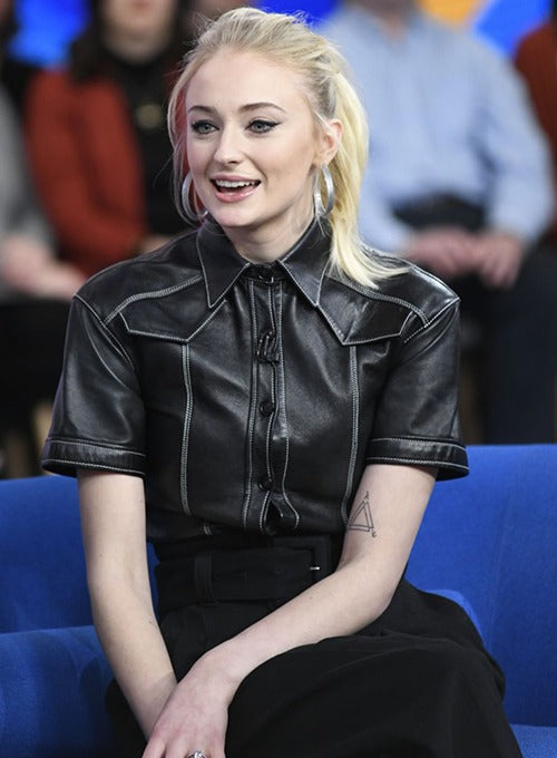 Sophie Turner's Chic Black Leather Shirt