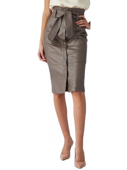 Studded Button-Front Brown Leather Skirt