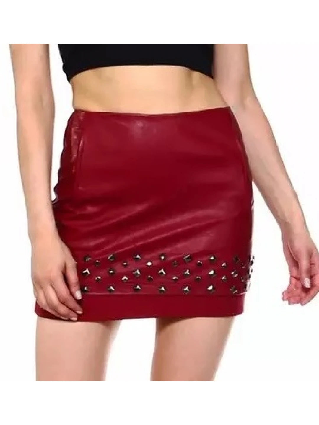 Studded Burgundy Leather Mini Skirt