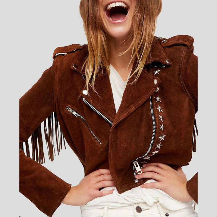 Studded Fringe Suede Leather Jacket