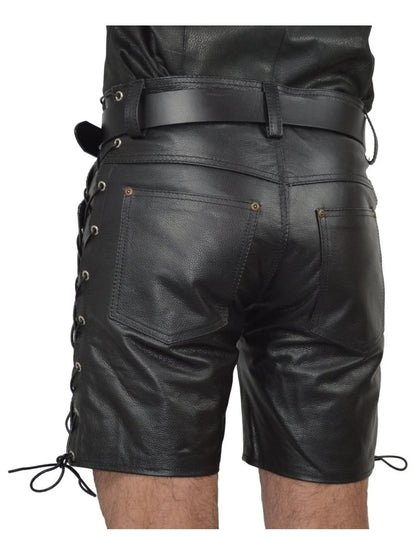 Men’s Black Leather Shorts with Side Lace Detailing