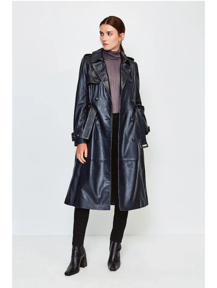 Elegant Women’s Black Sheepskin Leather Trench Coat With Belt