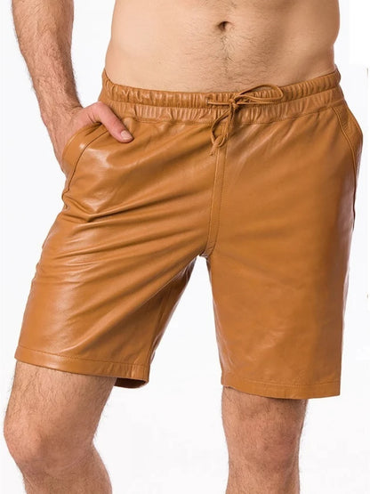 Tan Leather Shorts with Elastic Waistband for Men