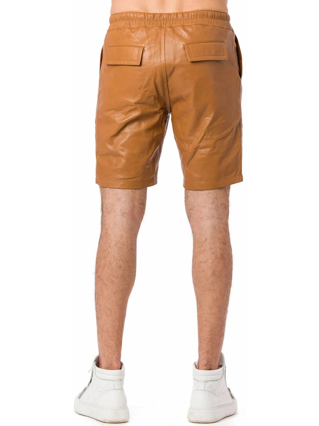 Tan Leather Shorts with Elastic Waistband for Men