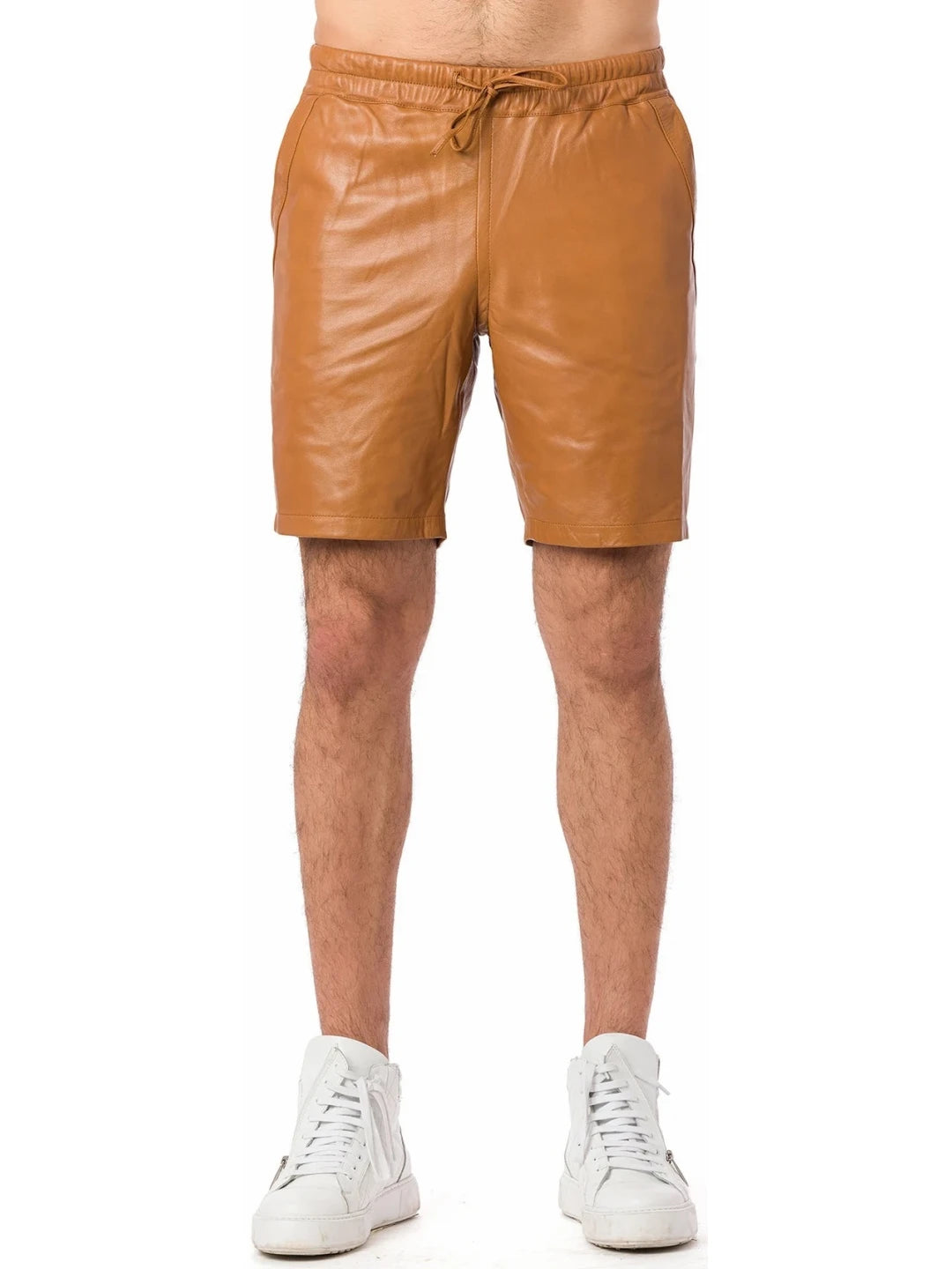 Tan Leather Shorts with Elastic Waistband for Men