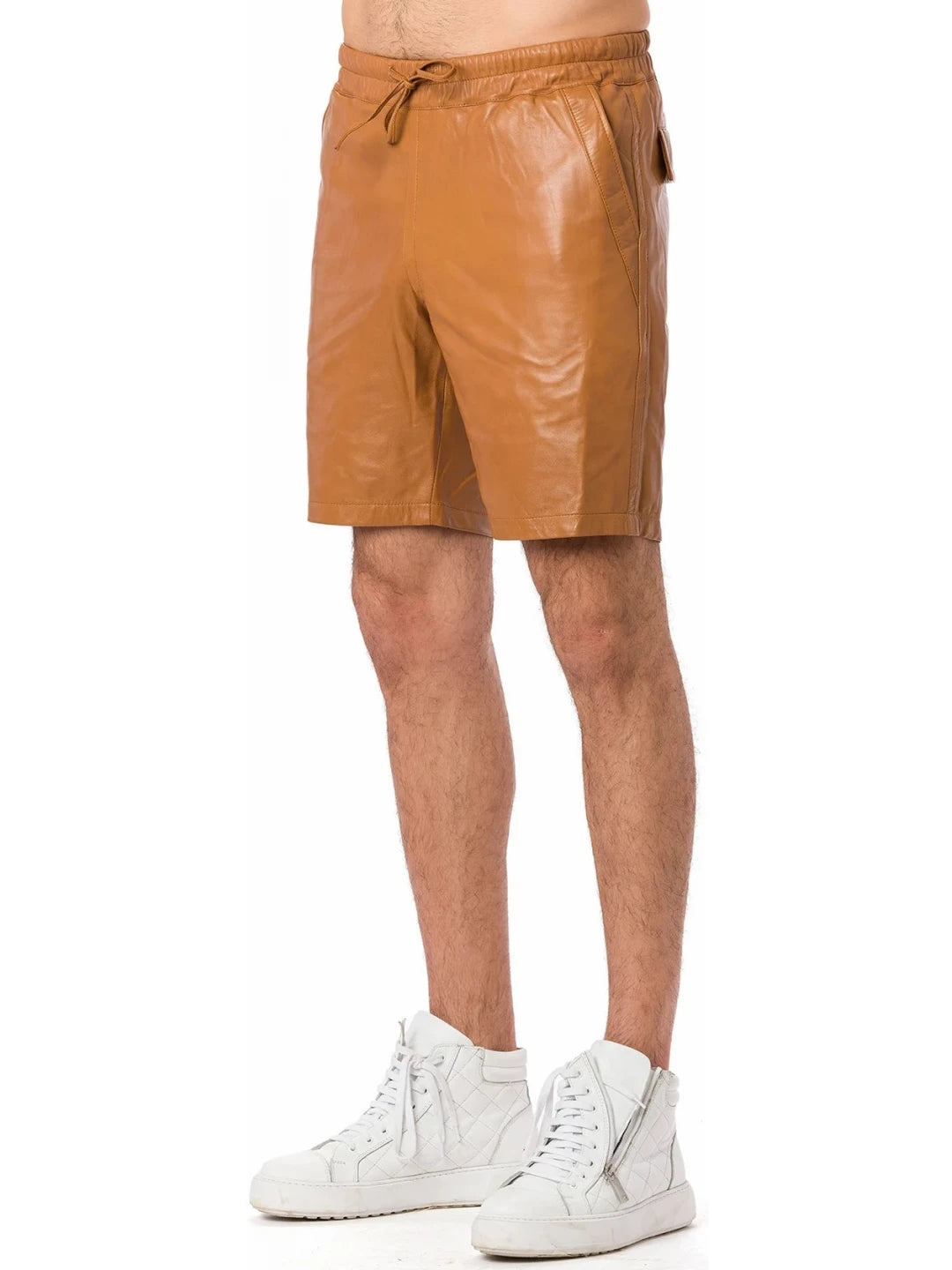 Tan Leather Shorts with Elastic Waistband for Men