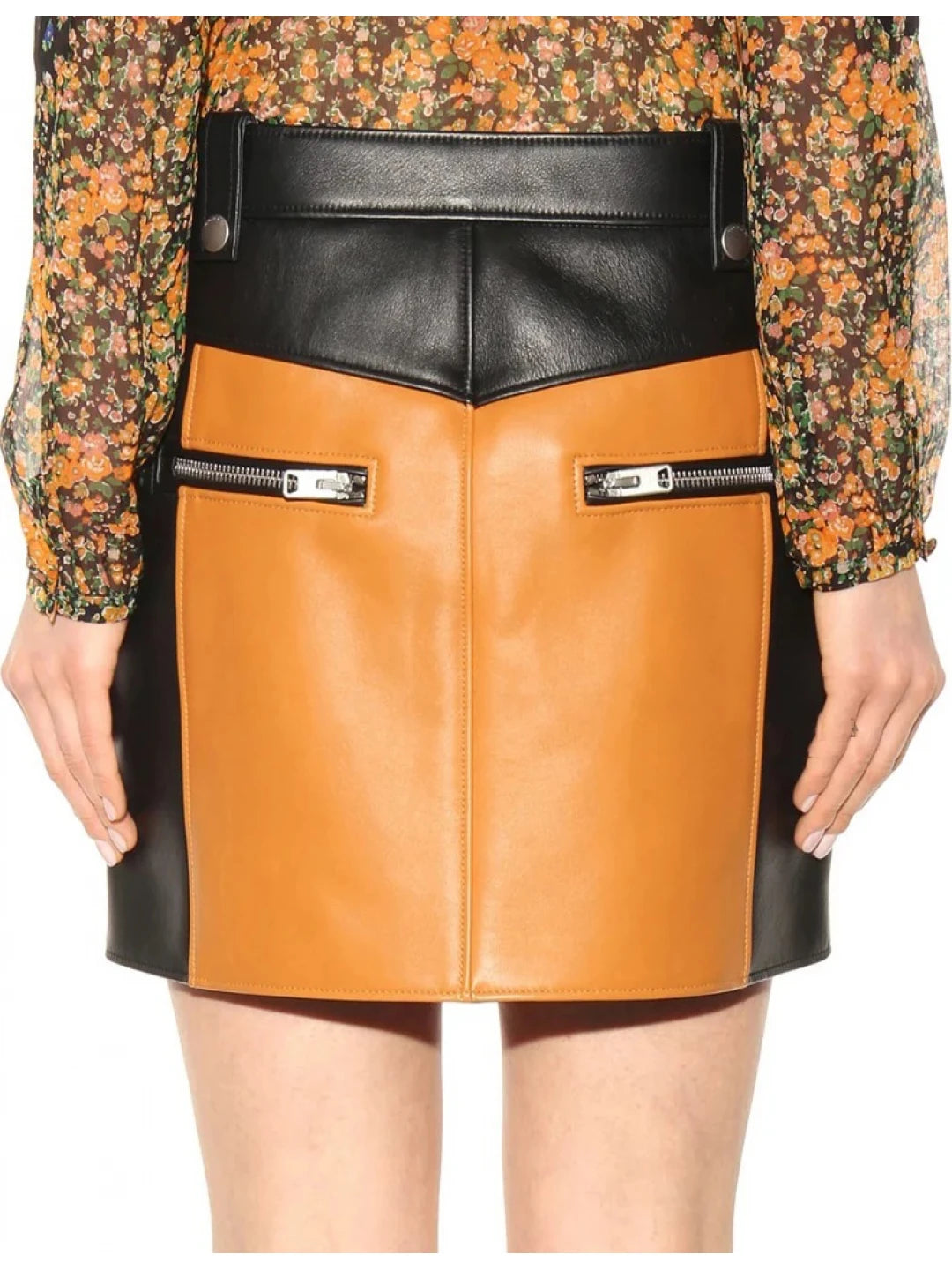 Two-Tone Black and Tan Leather Mini Skirt for Women

