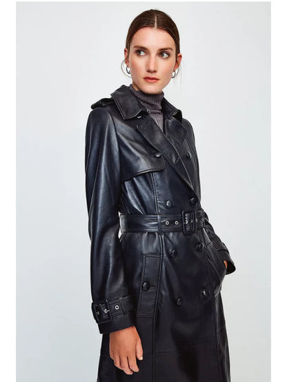 Elegant Women’s Black Sheepskin Leather Trench Coat With Belt