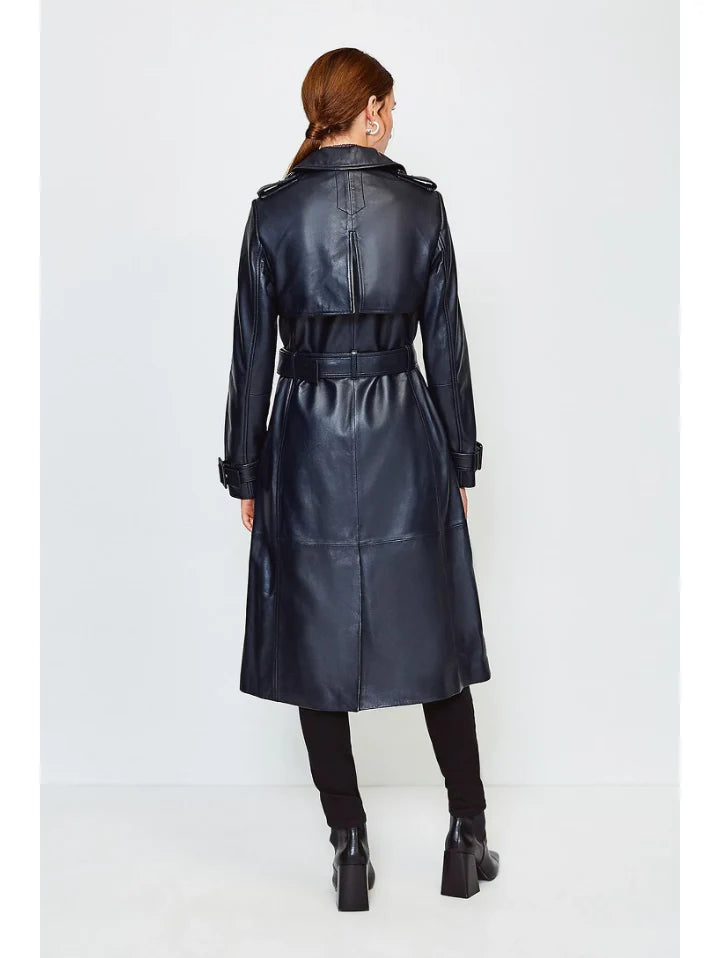 Elegant Women’s Black Sheepskin Leather Trench Coat With Belt