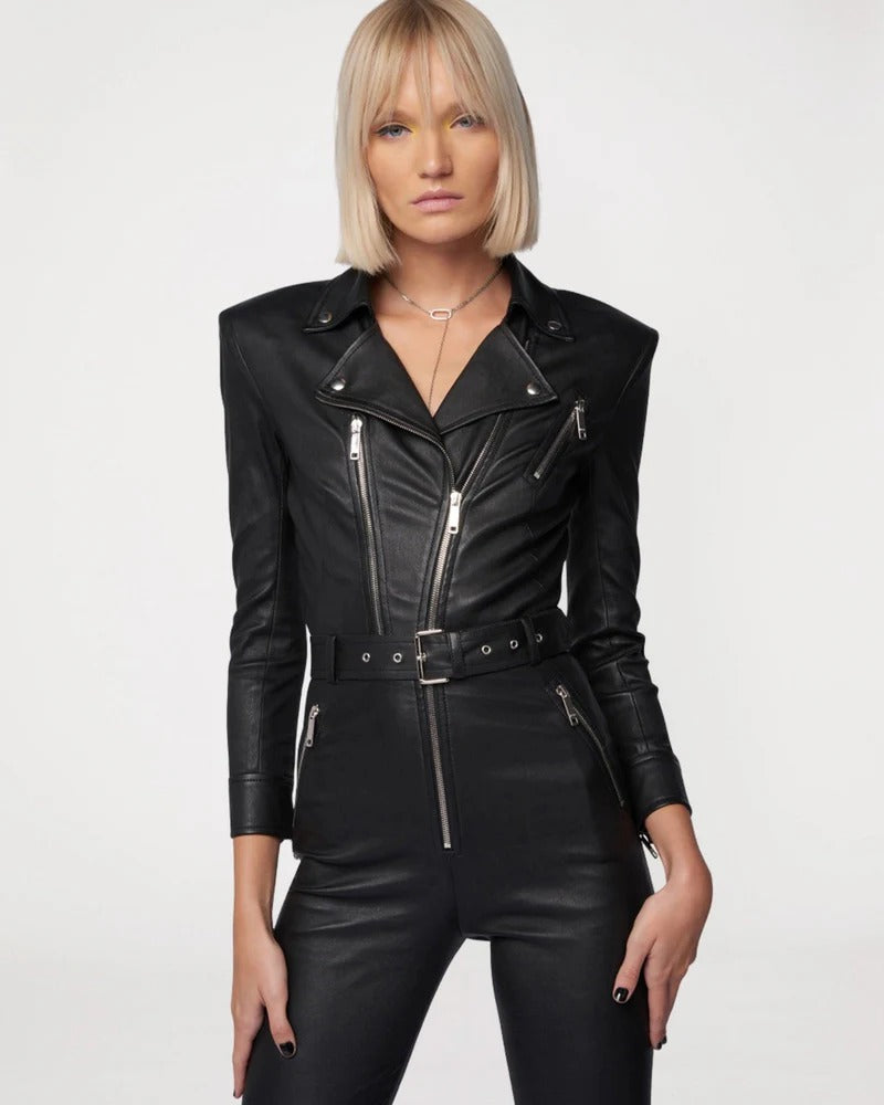 Women's Black Leather Jumpsuit