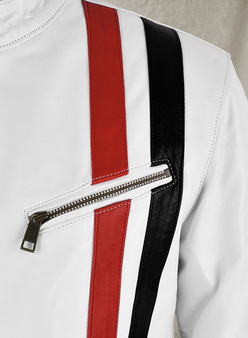 White Leather Jacket with Black and Red Stripes