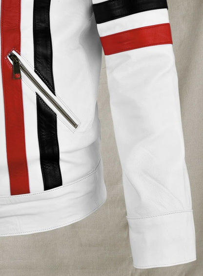 White Leather Jacket with Black and Red Stripes