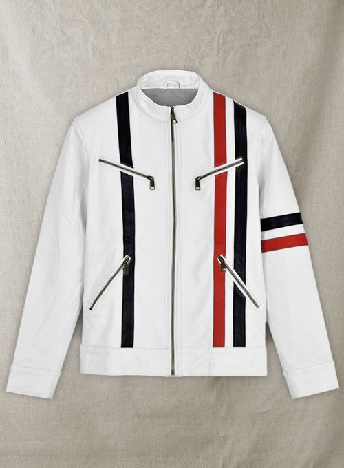 White Leather Jacket with Black and Red Stripes