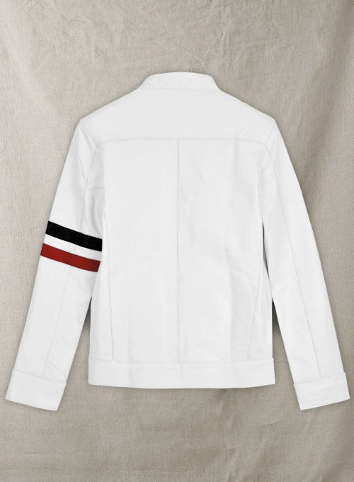 White Leather Jacket with Black and Red Stripes