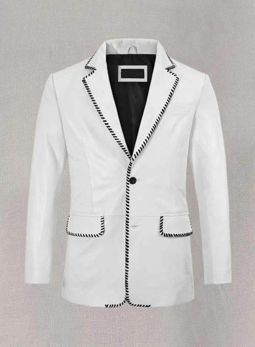 White Leather Blazer with Black Stripes