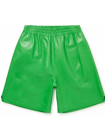 Wide Leg Green Leather Shorts for Women