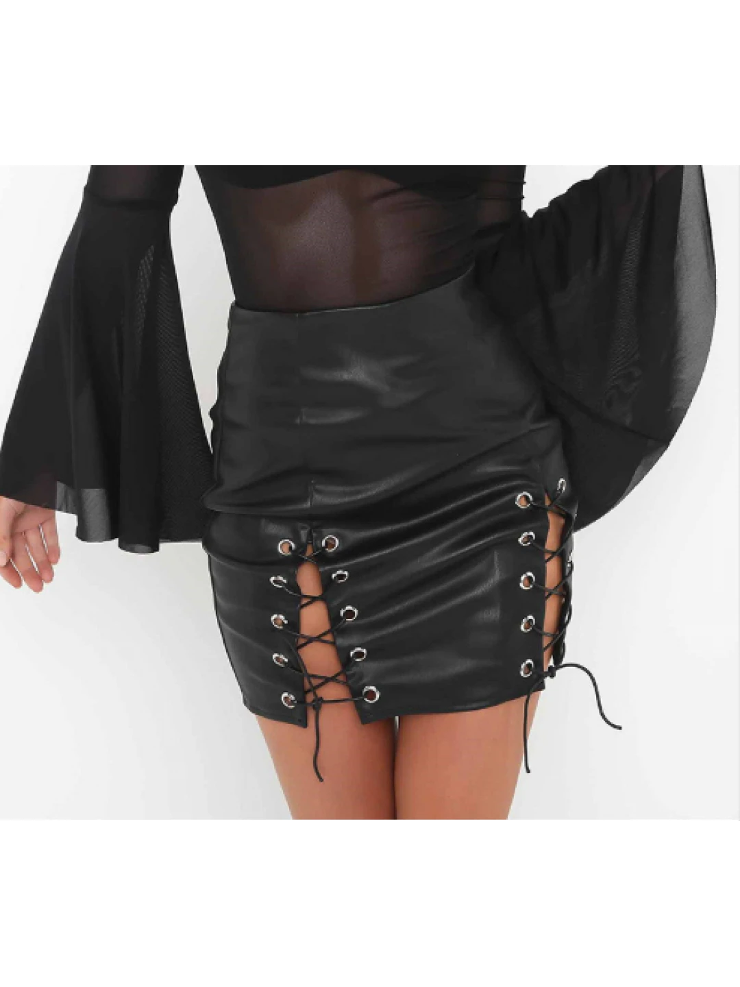 Women's Lace-Up High Waist Black Leather Short Skirt