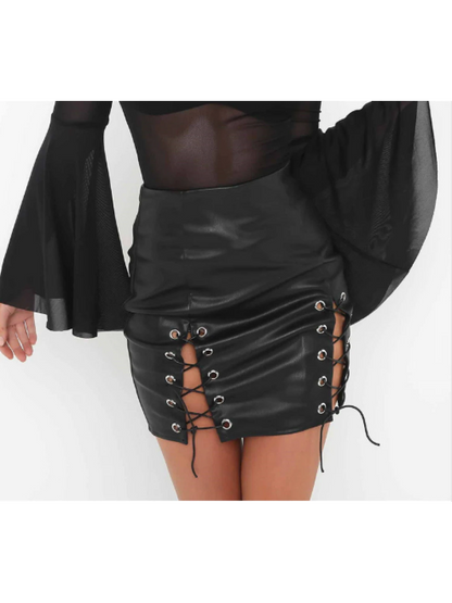 Women's Lace-Up High Waist Black Leather Short Skirt