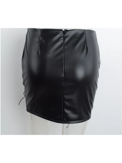 Women's Lace-Up High Waist Black Leather Short Skirt