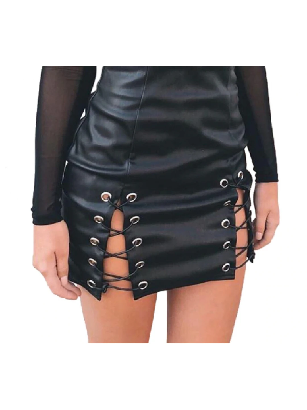 Women's Lace-Up High Waist Black Leather Short Skirt