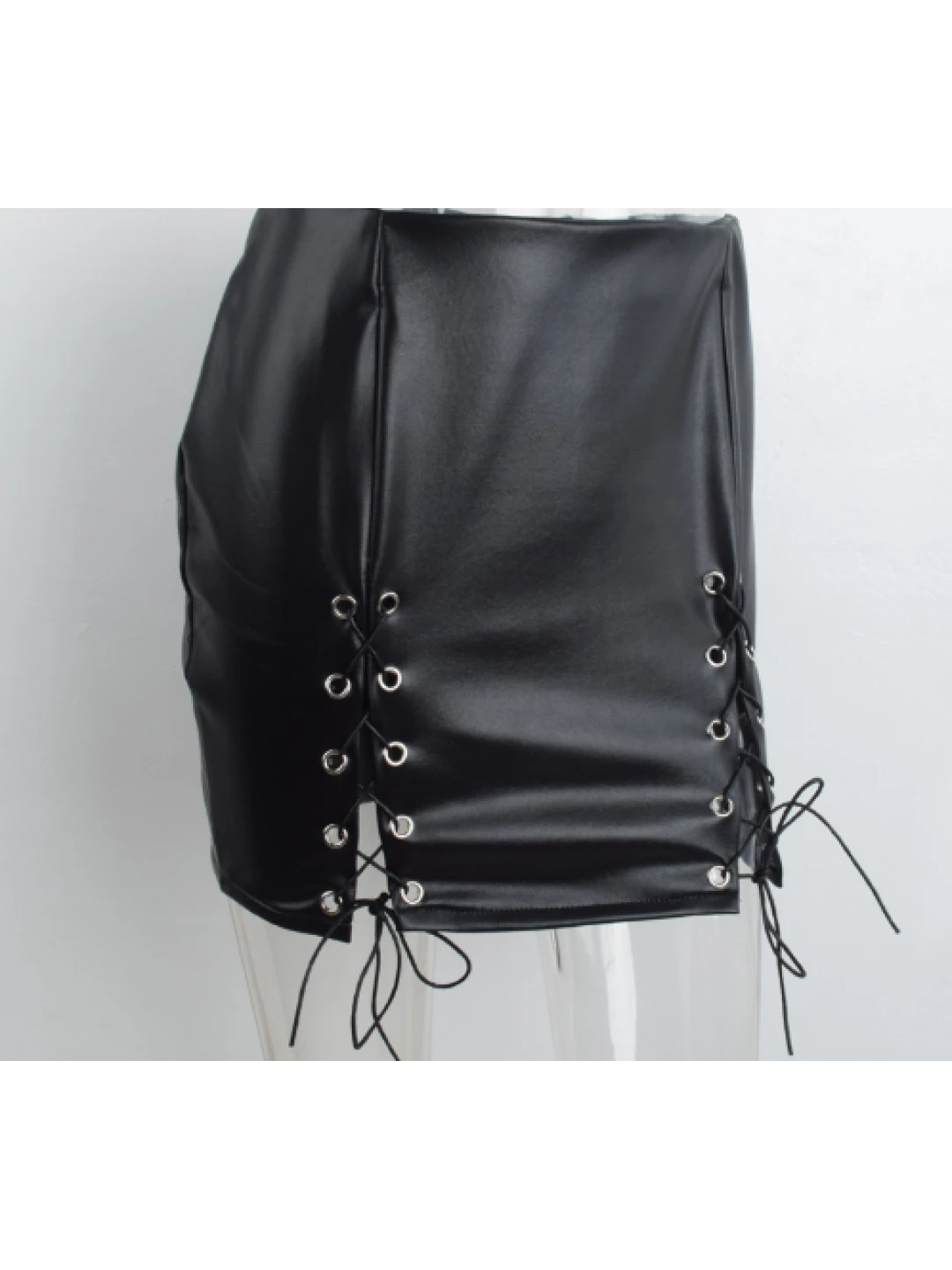 Women's Lace-Up High Waist Black Leather Short Skirt