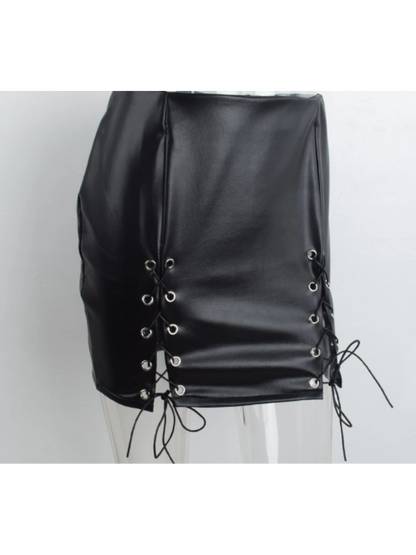 Women's Lace-Up High Waist Black Leather Short Skirt