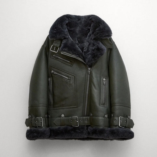  Women's Green RAF Aviator Styled Lambskin Black Shearling Leather Jacket