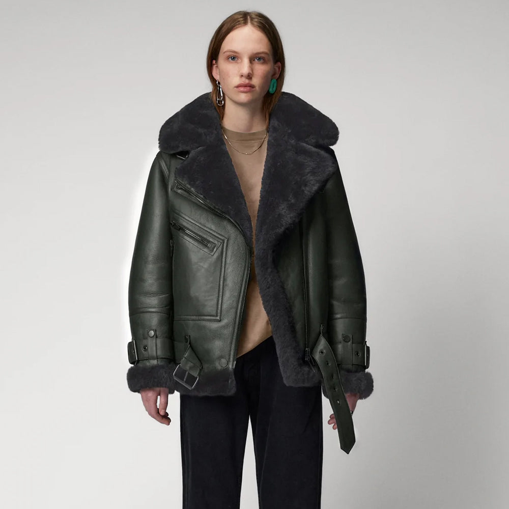  Women's Green RAF Aviator Styled Lambskin Black Shearling Leather Jacket