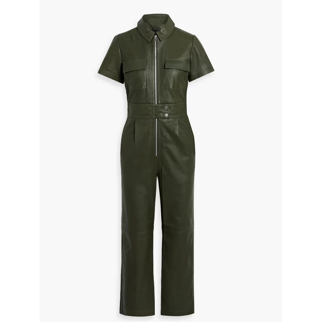 Women's Army Green Leather Jumpsuit