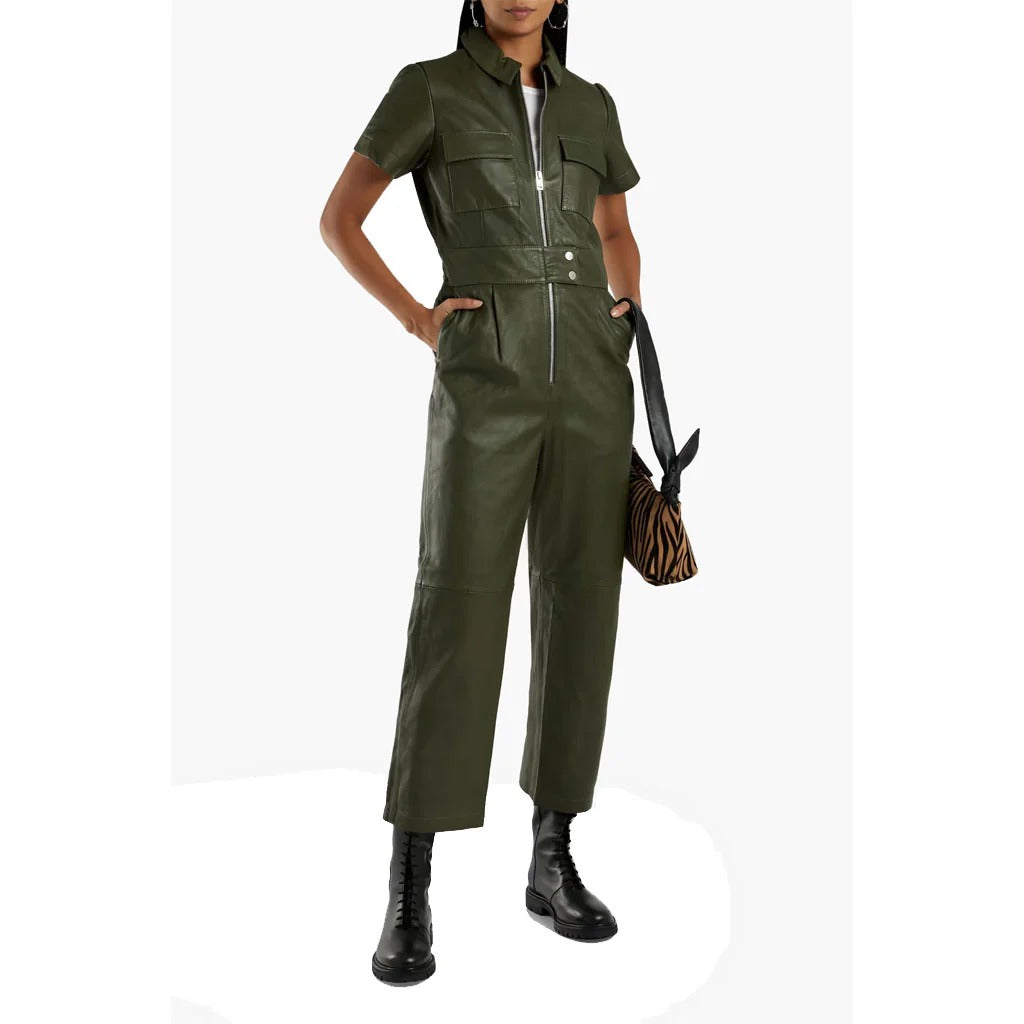 Women's Army Green Leather Jumpsuit