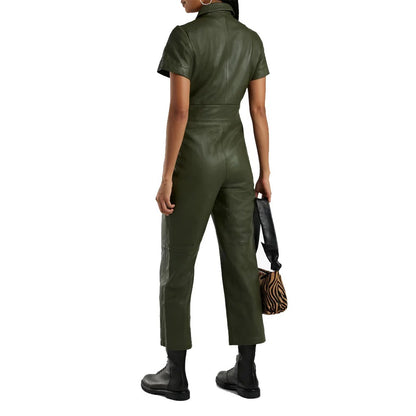 Women's Army Green Leather Jumpsuit