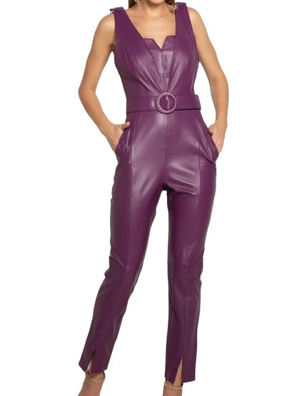 Women's Sheepskin Purple Leather Jumpsuit